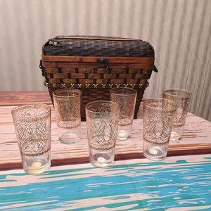 Set of 6 Italian Cocktail Water Glasses Clear Gold Etched Mid-Century Modern